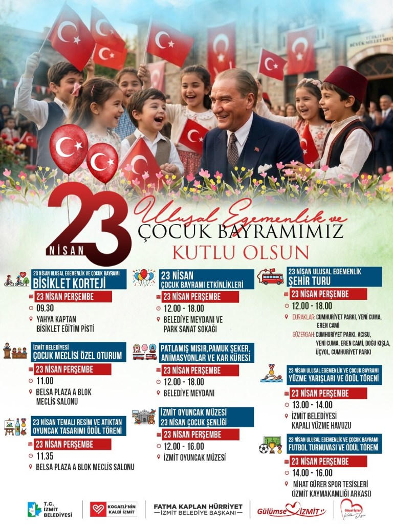 23 Nisan Ulusal Egemenlik ve Çocuk Bayramı etkinliklerinin afişi, çocuklar Türk bayrakları tutarak neşeyle kutlama yapıyor.