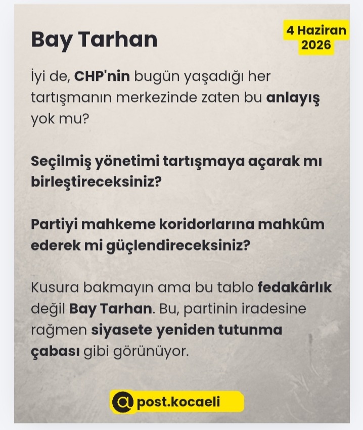 Bay Tarhan'a yönelik bir metin içeren infografik; CHP'nin tartışmaları ve parti yönetimi hakkında sorular içeriyor.